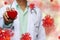 Doctor hold red heart with concept model covid 19 or coronavirus case of respiratory epidemic or damage the lungs on watercolor