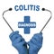 The doctor is holding a stethoscope, in the middle there is a text - COLITIS