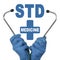 The doctor is holding a stethoscope, in the middle there is a text - STD. Sexually Transmitted Diseases