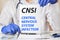 Doctor holding a tablet with text: CNSI. CNSI CENTRAL NERVOUS SYSTEM INFECTION, medical concept