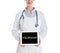 Doctor holding tablet with word PSORIASIS on white