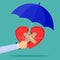 The doctor is holding an umbrella to protect the heart. The concept of prevention of medical care. Vector illustration