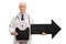 Doctor holding a weight scale and arrow