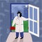 Doctor at home. A female doctor enters the house through the door. For help with coronavirus, the doctor comes to the patient s