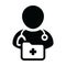 Doctor icon vector male person profile avatar with stethoscope and medical report folder for medical consultation in Glyph