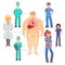 Doctor infographics banner vector illustration. Obese man with different organs. Human anatomy. Specialists responding