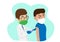 The doctor injects a vaccine needle into the patient`s arm. Vaccination against the corona virus Vector cartoon illustration