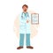 Doctor keeps a list of prescriptions or treatment recommendations. Doctor or scientist in medical robe. Vector illustration in