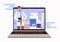 Doctor on laptop screen. Online advice on quarantine treatment and medication. Flat illustration isolated on a white background. W