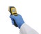 Doctor in latex gloves holding non contact infrared thermometer on background, closeup. Measuring temperature