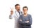 Doctor making peace or victory sign with patient