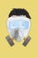Doctor male head wearing double filter mask cartoon protecting against COVID-19 coronavirus. Art ilustration posterwith blank spa.