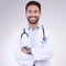 Doctor, man with arms crossed and happy in portrait, health and medical professional on studio background. Male