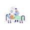 Doctor man discussing with male patient flat vector illustration. Hospitalization patient. Sick person is in a medical bed.