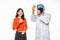 Doctor man expert inject shoulder covid antidote vaccine woman raise thumb up wear mask hood uniform plastic facial protection