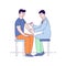 Doctor man giving free flu vaccination shot to hand male patient. flat vector illustration. Treatment, prevention and immunization