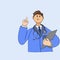 doctor man with a stethoscope and in a work coat with a raised finger up attention in a standing position vector