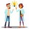 Doctor Man, Woman Found Answer, Solution, Idea. Light Bulb Above Head Vector. Isolated Cartoon Illustration