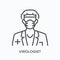 Doctor in mask line icon. Vector outline illustration virologist glasses, respirator and hat. Nurse in pandemic support