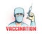 Doctor in mask with syringe in hand - retro vaccination poster