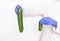 A doctor in medical gloves holds two different sized cucumbers. Concept of increasing penis in men, viagra