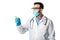 Doctor in medical mask and white coat holding non-contact pyrometer