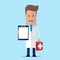 Doctor with medicine cabinet showing a clipboard. Happy doctor in a medical gown holding a clipboard. Vector illustration