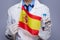 Doctor with monkeypox test tube and flag