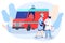 Doctor and nurse at ambulance car, first aid vehicle vector illustration
