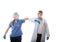 Doctor and nurse elbow bump instead of shaking hands during influenza pandemic