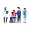 Doctor, nurse medical hospital center employee and woman patient on wheelchair with male young boy helper character