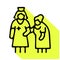 Doctor with old patient flat line icon. Nurse helping grandmother walk vector illustration