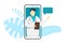 Doctor online mobile chat internet consulting. White man in glasses on smart phone screen with speech bubble and