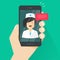 Doctor online on mobile phone vector illustration, flat cartoon woman doctor answers via cellphone on-line video tech