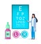 Doctor ophthalmologist eyesight check up, contact lenses, vector illustration. Vision test and correction, eye health.