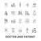 Doctor and patient, cabinet, medical, hospital, consultation, nurse, healthcare line icons. Editable strokes. Flat