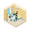 Doctor and patient. Medic standing near bed of patient in hospital treatment health vector isometric concept