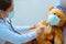 Doctor and patient. Physician examining brown bear wearing mask against virus and flu. Regular medical visit in clinic. Medicine