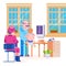 Doctor pediatrician osteopath and child vector illustration, boy with mother visiting doctors office.