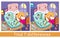 Doctor Pig gives kitten the candy. Find 7 differences. Game for children. Hand drawn full color illustration. Vector