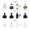 The doctor, the pilot, the waitress, the builder, the mason.Profession set collection icons in cartoon,black,outline