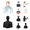 The doctor, the pilot, the waitress, the builder, the mason.Profession set collection icons in cartoon,black style