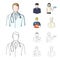 The doctor, the pilot, the waitress, the builder, the mason.Profession set collection icons in cartoon,outline style