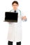 Doctor pointing finger on laptops blank screen