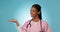 Doctor, pointing at information in presentation and woman, healthcare advertising news and mockup space. Medical offer