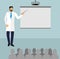 Doctor points on flipchart. doctor holding a pointer stick. Doctor with pointer in presentation stand . lecture, seminar, report,