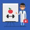 Doctor points to flip chart with picture apple and dumbbell