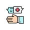 Doctor prescribes medicine, medical specialist prescribe flat color line icon.