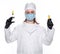 Doctor in protective gloves and mask holding ampule and syringe over white background