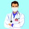 Doctor in protective mask. Quarantine concept. Medical background for flu control instructions. Flat icon doctor in uniform with